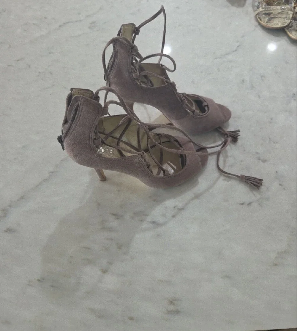 Vince Camuto Lace-Up Peep Toe Block Heel Sandals in Mauve